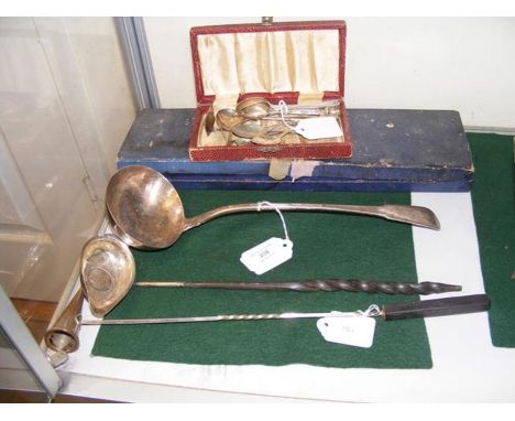 A Georgian silver ladle, London 1809, together with a toddy ladle, candle snuffer etc.