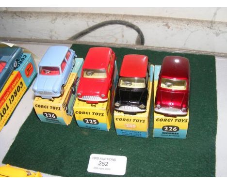 Four boxed Corgi Mini's - two No. 226 Morris Mini Minors, No. 225 Mini Austin 7, together with a No. 249 Mini Cooper