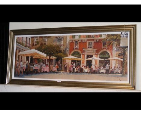 JOHN HASKINS - large PRINT on board of European street scene - 47cm x 122cm
