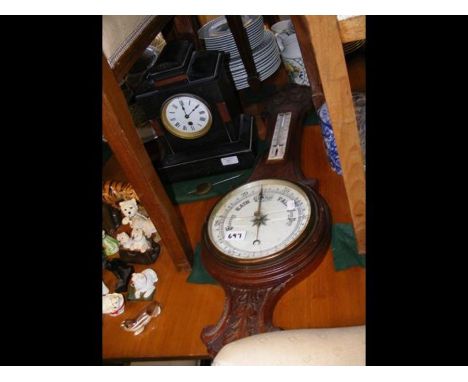 A Victorian slate mantel clock, together with wall barometer 