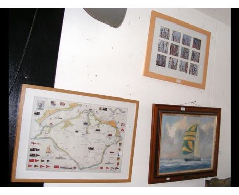 An oil on canvas of yachts under sail, together with a print of signal flags and an Isle of Wight Limited Edition map