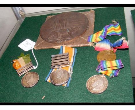 Four war medals and a memorial plaque awarded to William Payne - Queens South Africa medal with Transvall, Driefontein Paarde