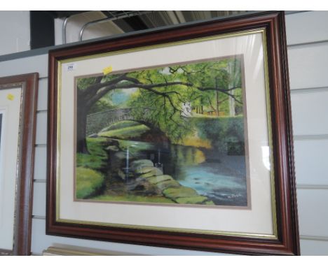 A vintage oil on board depicting bridge and river side