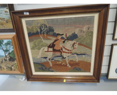 A vintage woven tapestry style embroidery of a Tudor man on horse 