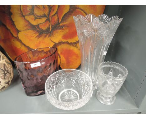 A selection of vintage glass wares including purple pressed vase