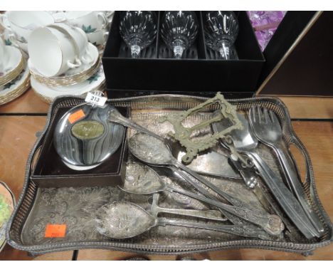 A selection of vintage plated and brass wares including photo frame