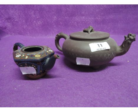 Two vintage oriental possibly Chinese tea pots, Cloisonne and eathern ware