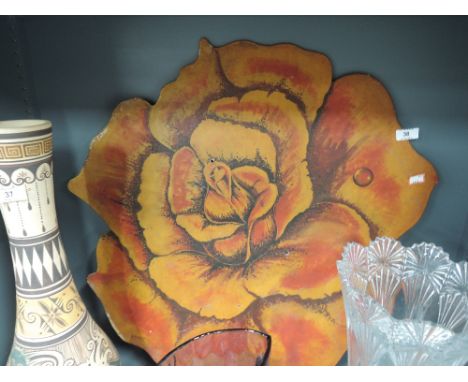 A vintage hand painted card sign or decoration in the form of a large flower