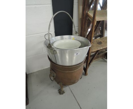 A vintage chamber pot, aluminium milk/jam pan and a copper and brass coal bucket