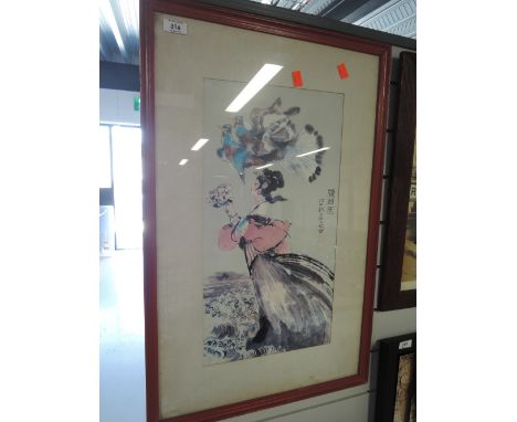 A vintage oriental print depicting lady in windNo sun fading, no age spots, good condition