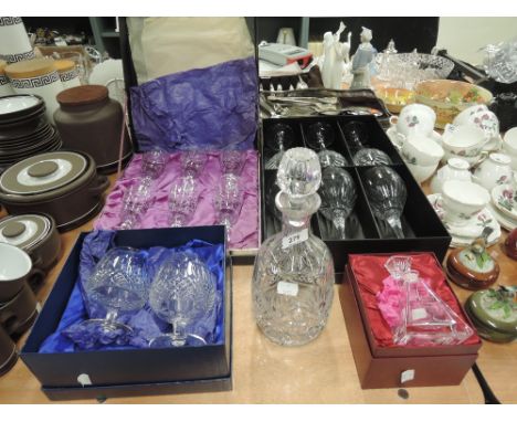 A large selection of vintage glass wares including decanter wine brandy and cocktail glasses