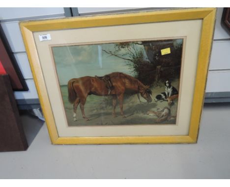 A vintage print depicting horse and dogs after hunt