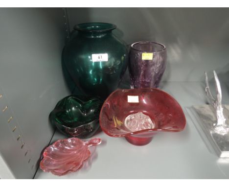 A selection of vintage colour glass wares including Jade green and cranberry