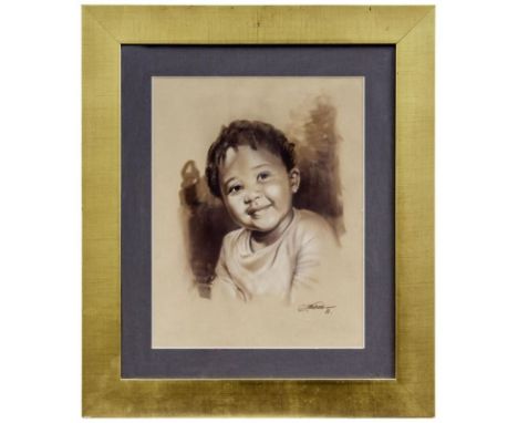 Bildnis eines Kleinkinds 20. Jh. Lithographie oder Tuschezeichnung. Rechts unten sign. Sichtmaß 55 x 42,5 cm; in Passepartout