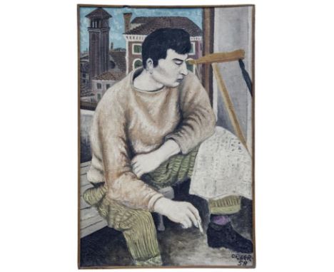 Orler, Davide "Ritratto di Silvio Alchini" (Mezzano 1931-2010) Portrait seines Künstlerfreundes an einer Fensterbrüstung sitz