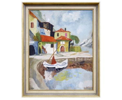 Hafenszene 20. Jh. Öl/Lwd. Rechts unten ligiert monogrammiert "R Sch" (?) und dat. "1961". 76 x 60,5 cm.Küstenlandschaft, Lan