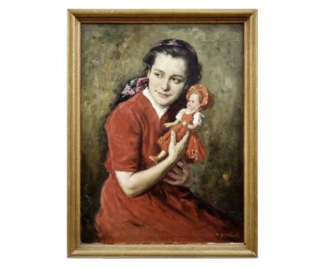 Rezes Molnár, Lajos Mädchen mit Puppe (Oroshaza 1896-1989 Balatonfured) Öl/Lwd. Rechts unten sign. "R. Molnár L.". 80,5 x 60 