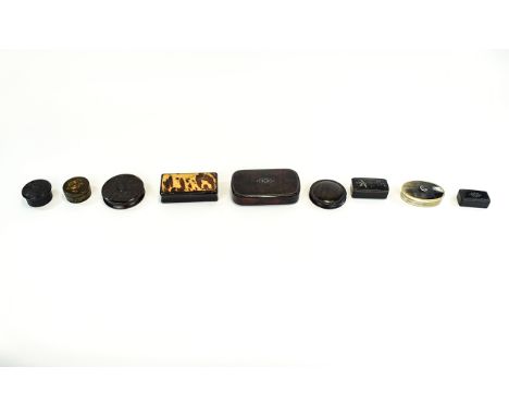 A Good Collection of George III Snuff Boxes ( 9 ) In Total. Some Tortoiseshell - Bog Oak ( Irish ) Coromandel Pressed Horn, P