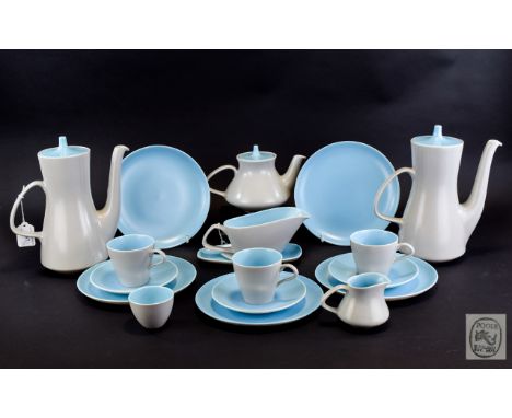 Poole Pottery Pale Blue and Beige Coloured Part Tea and Coffee Set includes teapot, coffee pot, sugar bowl, milk jug, cups an