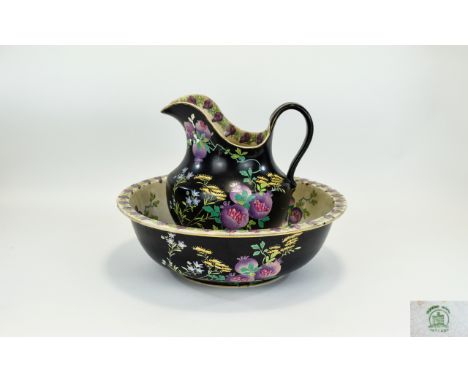 Maling - Large Hand Painted Wash Basin and Pitcher From The 1920's. Floral Pattern on Black Ground, Wash Basin Diameter 16 In