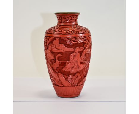 Japanese Early to Mid 20th Century Hand Carved Cinnabar Vase with Blue Enamel Interior with Detailed Design and of Tapered Fo