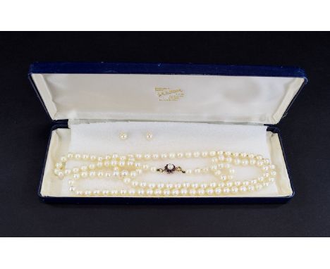 A Vintage - Nice Quality Single Strand Cultured Pearl Necklace with 9ct Gold Pearl and Garnet Clasp, Marked 9ct with Matched 