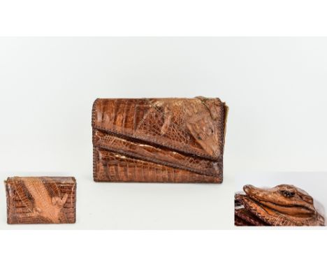 Vintage Genuine Alligator Clutch Bag Deep tan coloured Alligator hide bag with boxy shape and three internal compartments. De
