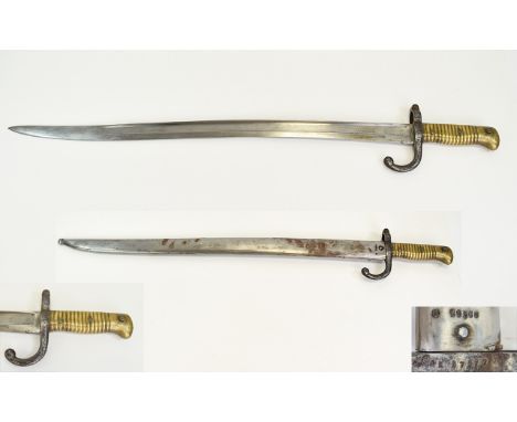 Antique French Bayonet Model 1866 Sabre Bayonet with scabbard. Numbered to handle K87977. Scabbard numbered, 99560. Length ap