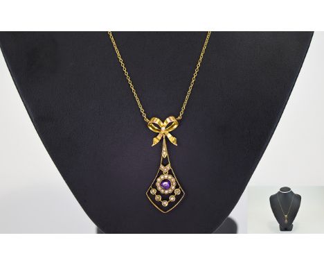 9ct Gold Edwardian Pendant Openwork Design, Central Round Amethyst Stone Between Seed Pearls, Ribbon Shaped Bale With Integra