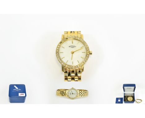 Ladies Rotary Dress Watch Boxed Rotary watch with fine gold tone bracelet, faux mother of pearl dial and crystal set bezel.