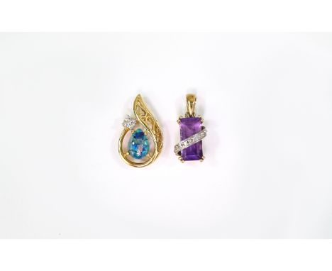 Two 9ct Gold Pendants, Set With Amethyst, Opal And Diamond Chips.