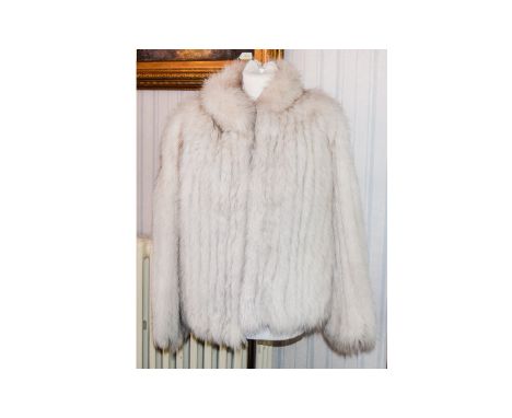 Vintage 1980's Blue Fox Jacket Ladies boxy cut jacket in plush arctic fox with Eau De Nil polysatin lining. Hook and eye clos