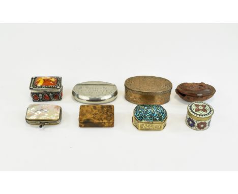 A Collection of 19th & 20th Century Pill and Snuff Boxes, Including a Carved Coquilla Nut Snuff Box - 18th Century ( 8 ) Boxe