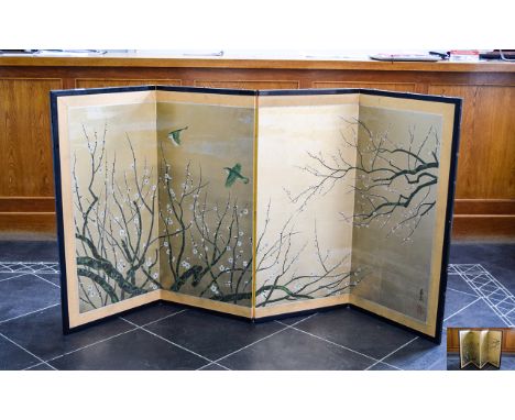 Japanese Four Panel Folding Screen The Hand painted Panels Showing Two Birds Amongst Flowering Branches. Early To Mid 20thC A