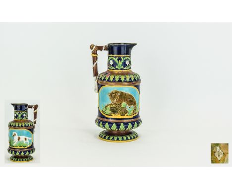 Mintons - Majolica George Jones Jug / Pitcher. c.1860's. Embossed with Fox and Hare Motifs to The Pitcher. Naturalistically D