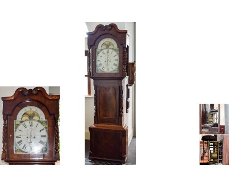 Victorian Period Fine and Impressive Walnut and Mahogany Long Case Clock. The Painted Dial with Phases of The Moon, Depicting