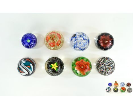 A Good Collection of Vintage and Named Glass Paperweights ( 8 ) In Total. Various Designs and Makers. Langham Glass House, Ca
