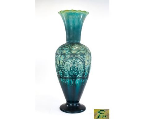 Linthorpe Art Pottery Large Majolica Vase, the ovoid body decorated with a deep band containing four roundels, each with a mo