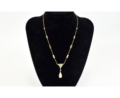Ladies Vintage 9ct Gold and Pearl Set Necklace with Tear Drop Pearl. Marked 9ct. 18 Inches In length. 