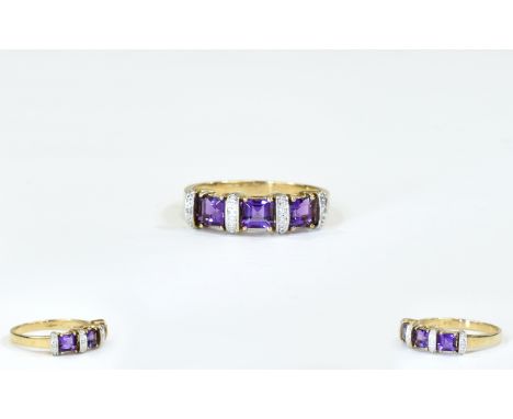 9ct Gold Dress Ring, Set With Amethyst Coloured Stones Between Diamond Spacers Fully Hallmarked