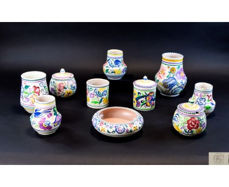 A Good Collection of Poole Pottery Items From The 1950's ( 10 ) Items In Total. Comprises Vases, Lidded Vases and Bowl. Desig