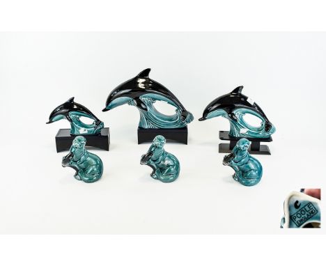 Poole Collection of Dolphin and Seal Figures ( 8 ) In Total. c.1960's. Includes The Full 5 Piece Set of Dolphin Family Figure
