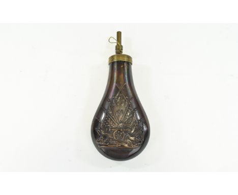 American - 19th Century Period Copper and Brass Powder Flask with Embossed Decoration of Cannons, Ships Anchor and Guns / Lan