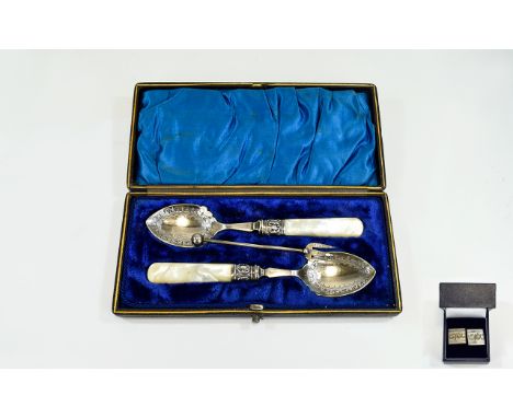 A Pair of Silver Hallmarked Cufflinks + a Hallmarked Silver Pickle Fork and An Edwardian Boxed Set of Silver Banded Mother of