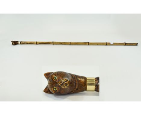 Antique Cats Head Topped Walking Stick / Cane. The Carved Cats Head In Bone with Glass Eyes Fitted to Top of Bamboo Cane /  S