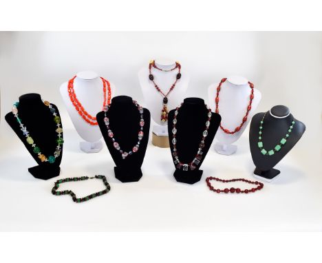 A Good Collection of Vintage Stone Set Necklaces ( 9 ) In Total. Various Colours, Designs and Lengths - Please See Photo. 