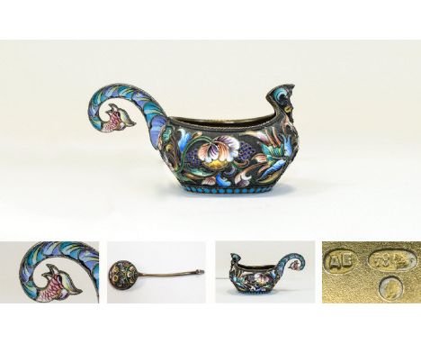 Russian Superb Quality Silver Gilt and Cloisonne Enamel Kovsh and Associated Spoon. Work master A, E, Egorov Aleksandr Sergee