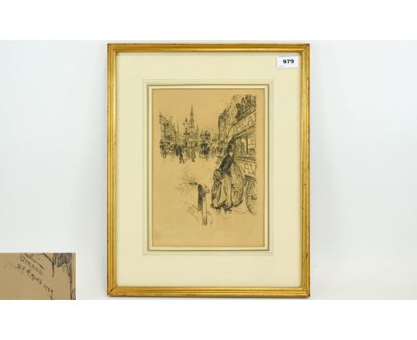Framed London Etching, The Strand 1889 8 x 11 Inches