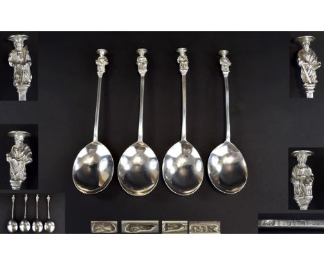 18th Century Matched Set of Four Silver Spoons with Later Attached Figural Finials. The First Spoon - 1/ Hallmarked London 17