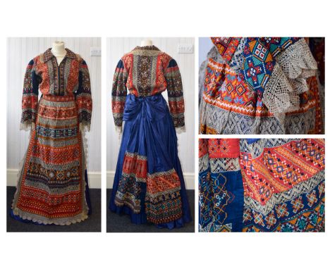 Vintage Slavic Embroidered Three Piece Ladies Outfit. Comprising jacket, skirt and apron. Jacket in navy blue cotton with red